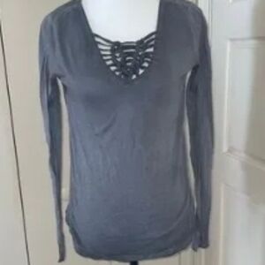 Gray Long Sleeve Top with Unique Neckline